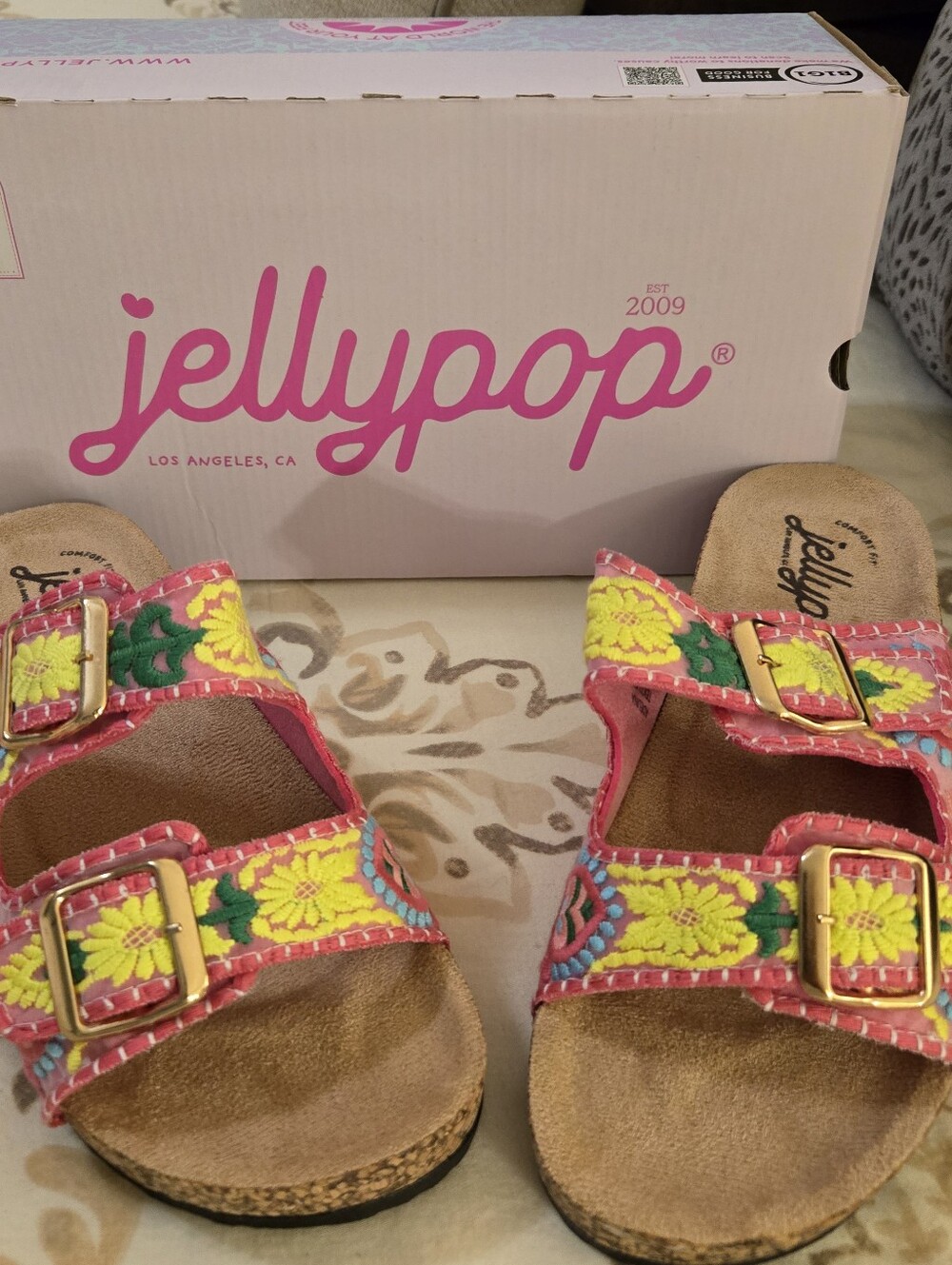 Jellypop Pink Floral Embroidered Double-Buckle Slides